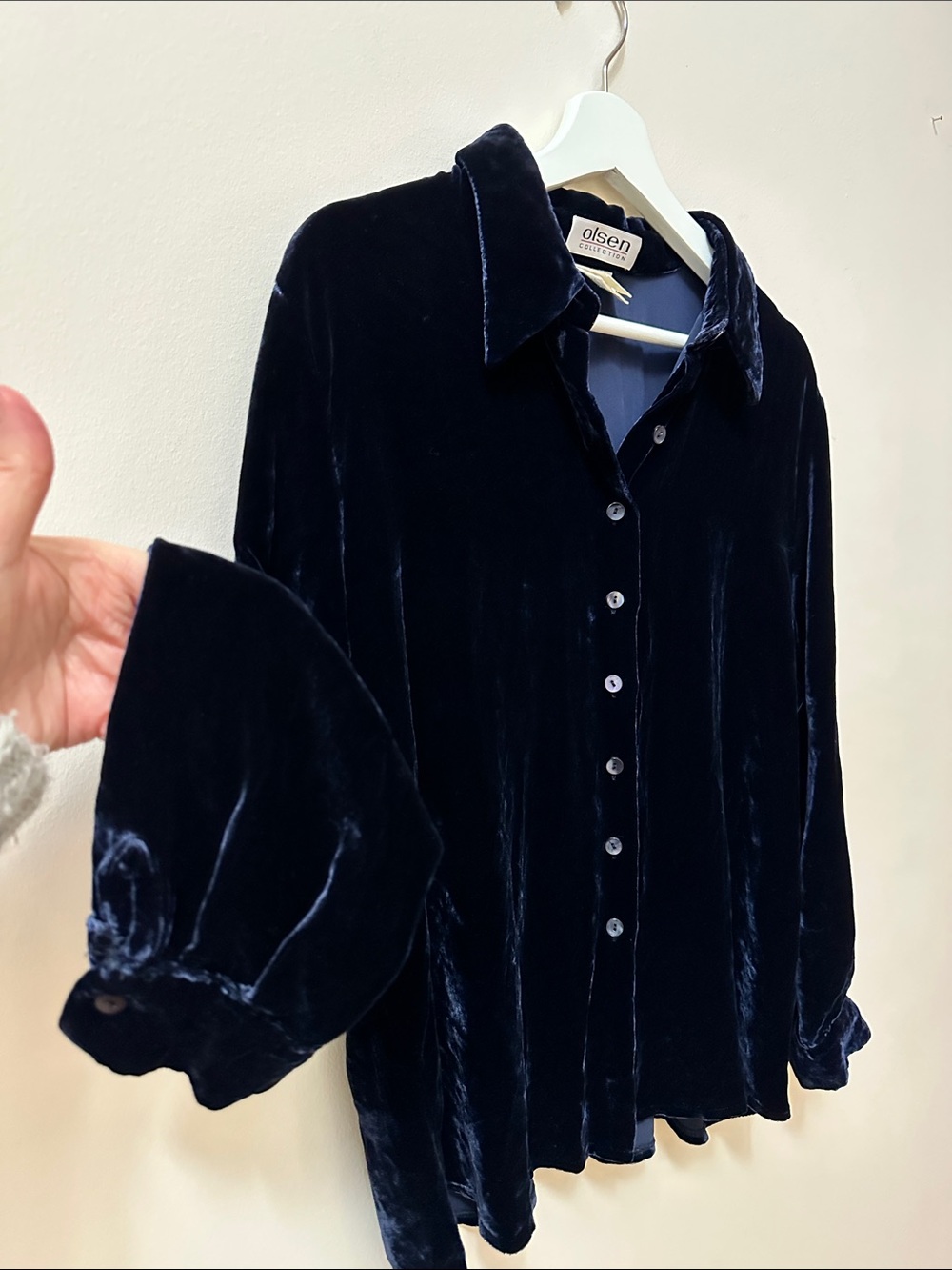 Olsen Navy Velvet Button-Front Blouse - Picture 4 of 5